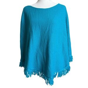 VTG Y2K Crochet Poncho Cape Fringe Knit One Size Lagenlook Cottage Coastal Teal